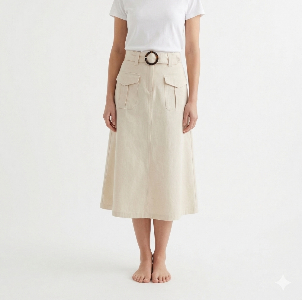 Who What Wear Skirt Cream Linen Blend A-line Boho Belted Retro 2